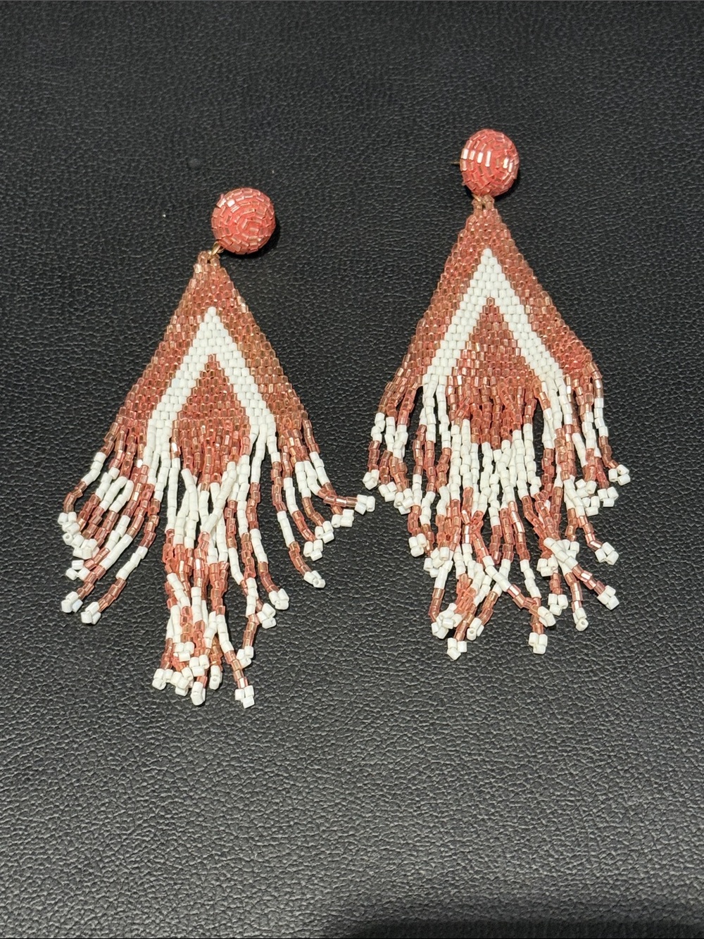 Beaded Fringe Statement Earrings - Pink and White